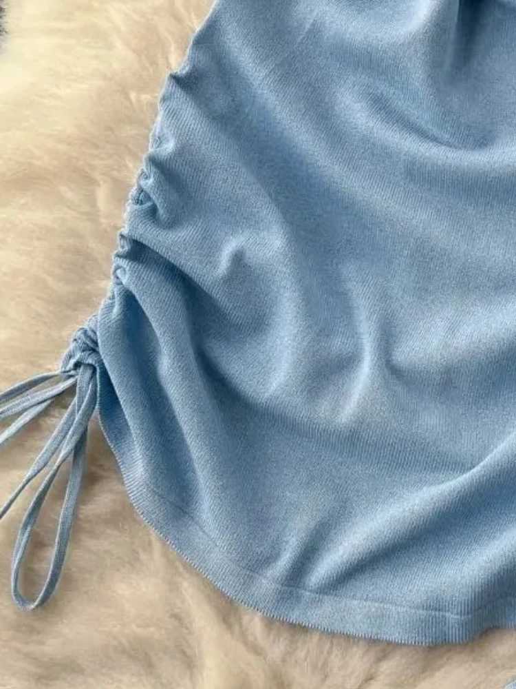 Womens Sexy Summer Light Blue Mini Dress Halter Neck Sleeveless Sundress Ruched Side Drawstring Elastic Ribbed Knit Party Dress M260326