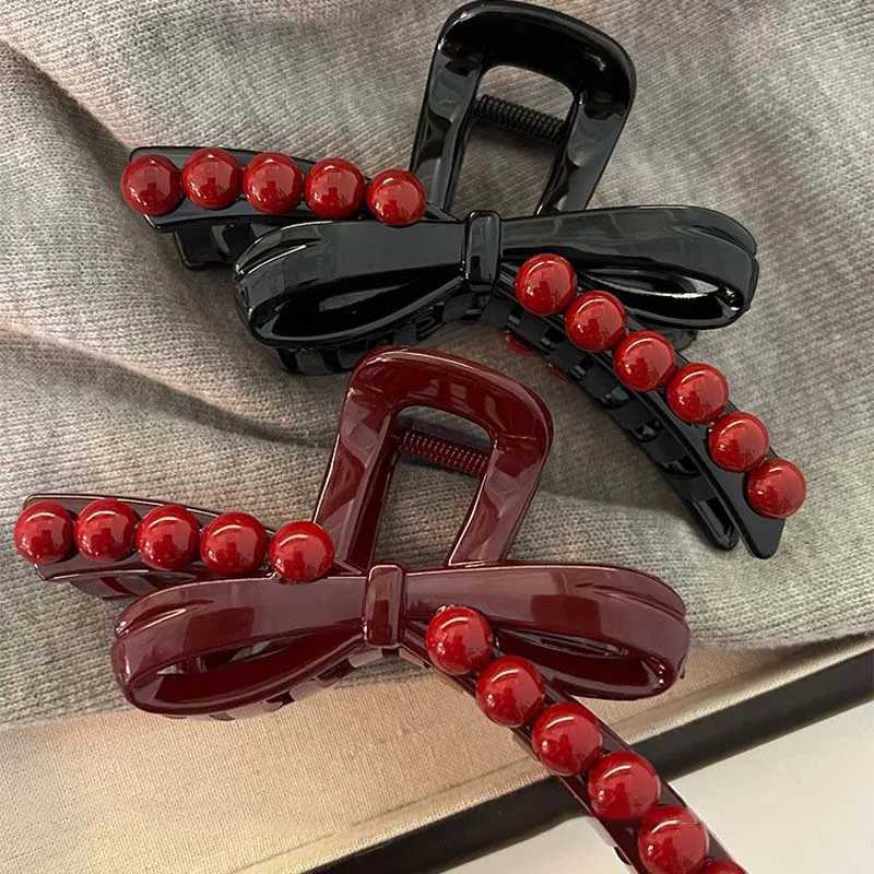 Korean Acrylic Black Bow Hair Claw for Women Fashion Red Beads Large Shark Clamp Hair Clip Headdress Hair Accessories 2024 New H260326