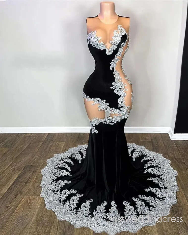 Silver Lace Appliques Velvet Mermaid Prom Dresses 2026 Luxury Sexy Sheer O Neck Formal Gown Party Evening Birthday Dress Black Girl vestidos