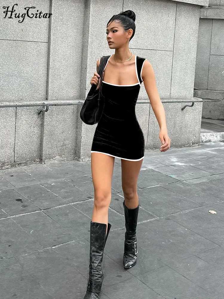 Hugcitar Matching Color Square Collar Sleeveless Sexy Bodycon Mini Dress Summer Women Fashion Y2K Outfit Birthday Festival Party M260326