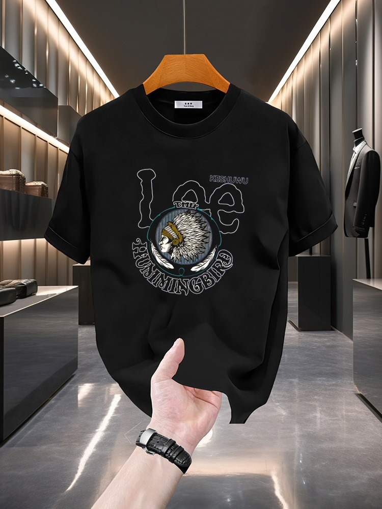 2026 Summer European Streetwear Indian Print T-Shirt, Men's Korean Style Slim Fit Short Sleeve, Trendy Casual Tees
