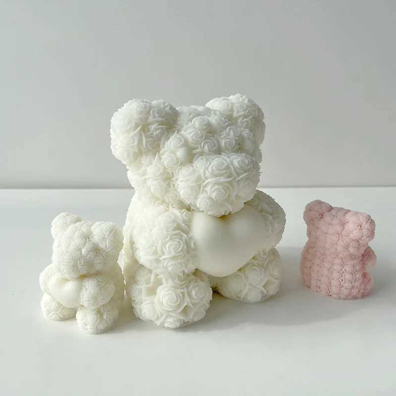Valentines Day Love Rose Bear 3D Candle Silicone Mold DIY Bears Handmade Soap Plaster Aroma Candle Mold Home Decor Crafts H260326