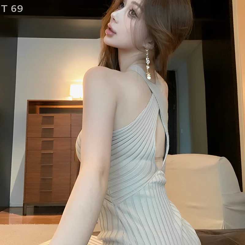 Korean nightclub style Knitted Cross Halter Dress Womens Sheath Hollow Backless Wrapped Long Dresses M260326