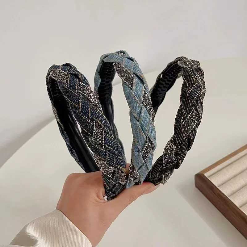 Demin Headband High-end Elegant Retro Light Rhinestone Denim Hair Accessories Braided Headband Fashionable Simple Hairband D260326