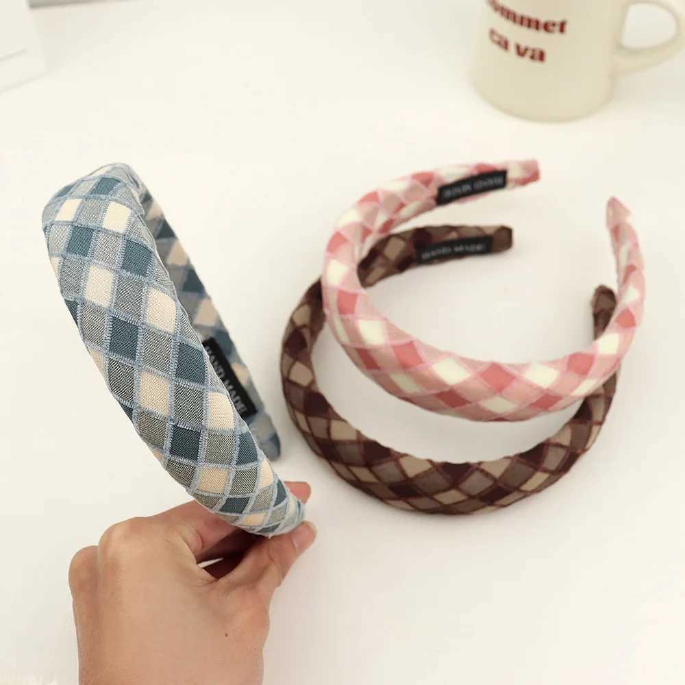 Korean plaid fabric flower headband sweet and cute girlish headband sponge high skull top hairband D260326