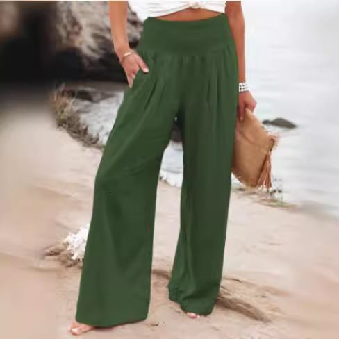 Summer pants women Women's Linen Wide Leg Pants 2026 Summer New High Waist Casual Outdoor Trousers European American Loose Cotton Blend Pants wit