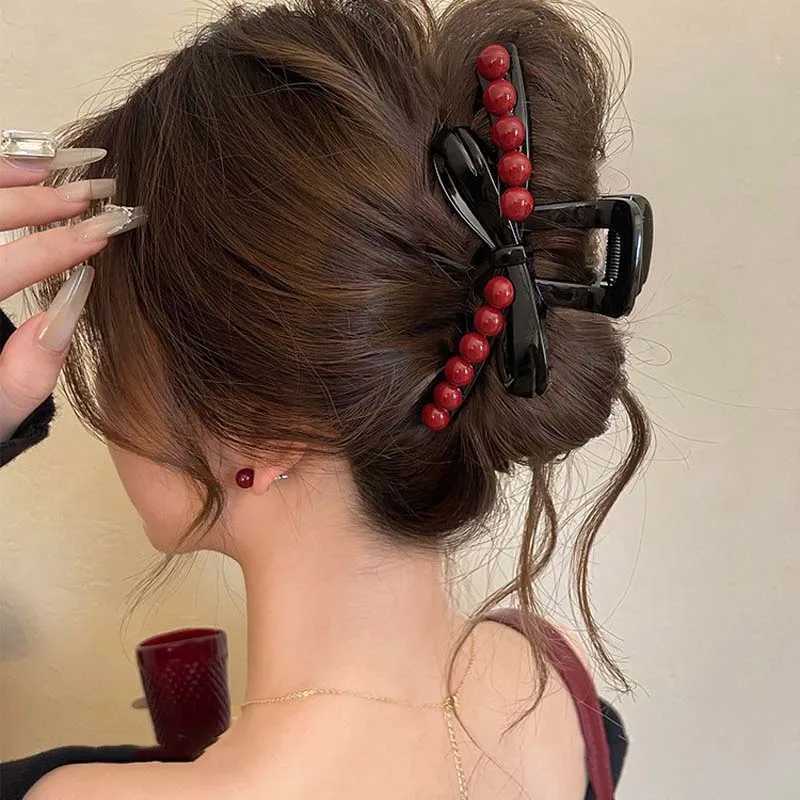 Korean Acrylic Black Bow Hair Claw for Women Fashion Red Beads Large Shark Clamp Hair Clip Headdress Hair Accessories 2024 New H260326