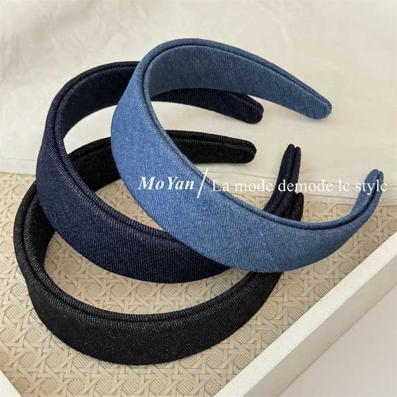Korean solid color retro denim headband women wide hairband pressure clip latest design hairhoop D260326