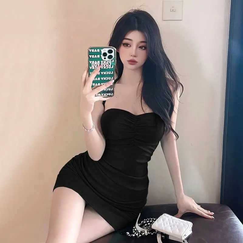 Women Solid Color Neck Hanging Dress Slim Fit Sexy Paired With Plush Knitted Camisole Dress M260326