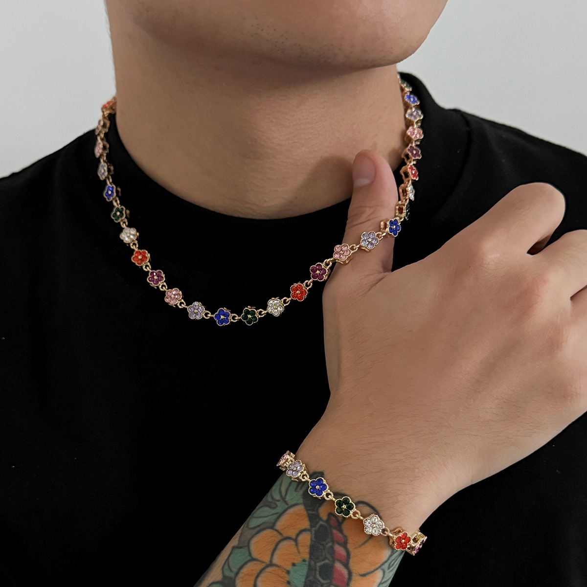 Men's Colorful Floral Necklaces Hip-Hop-Style Luxury Collar Chains Minimalist Niche Bracelets Trendy Men's Accessories