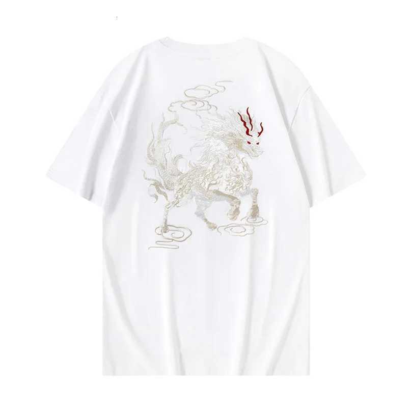 Summer Kylin Embroidery T Shirt Men Sukajan Cotton Short Sleeved Knit T-Shirt Oversize Handsome Boy Chic Tshirt C260326