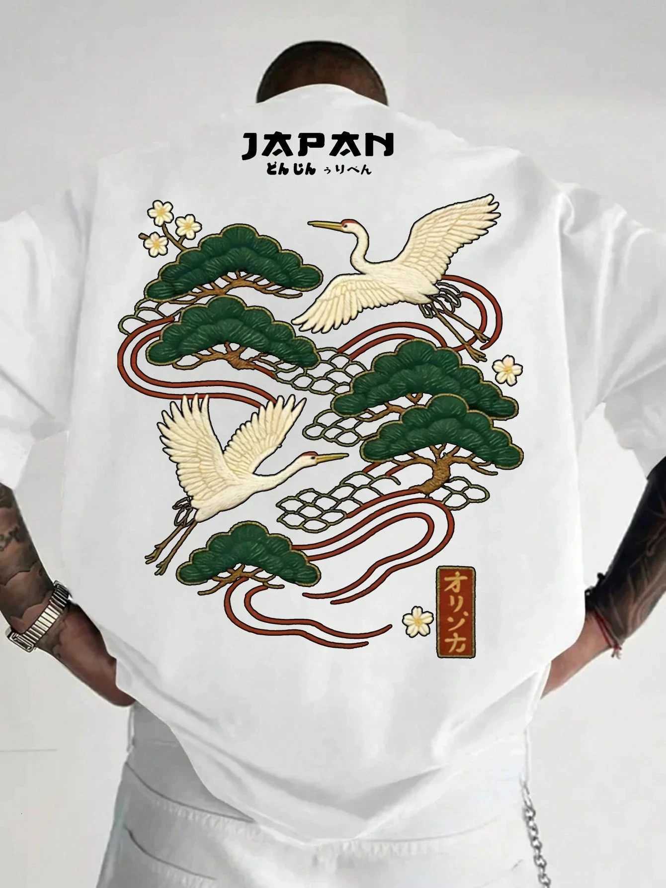 Summer Japan Tsuru Matsu Printing Cotton T-Shirts Mens Short Sleeve T Shirts Oversized O-Neck Soft Tops Casual Male Clothes C260326