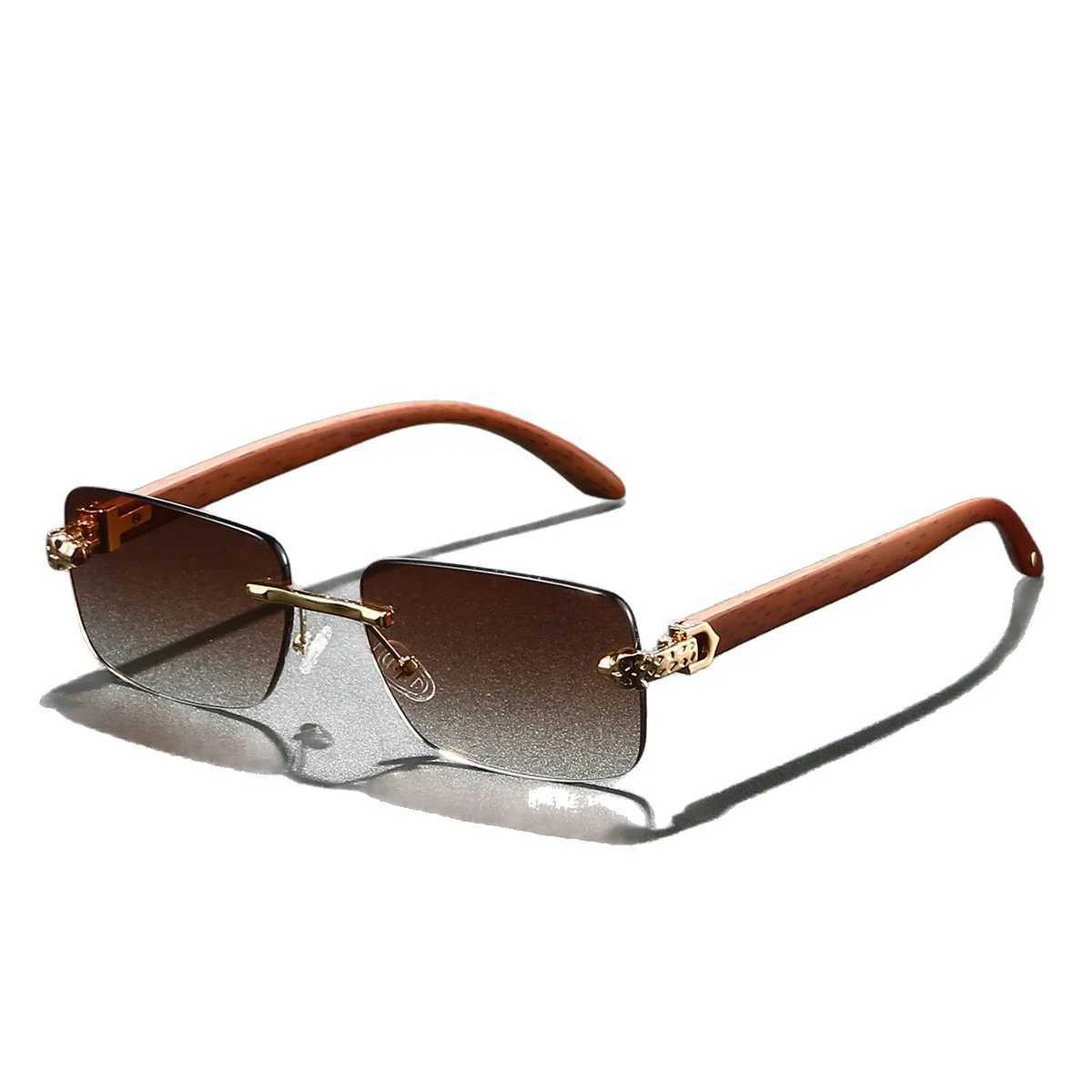 Europe Fashion Rectangular Sunglasses Men Women Unisex Luxury Rimless Frameless Cheetah Man Sun Glasses Wooden Texture D260326