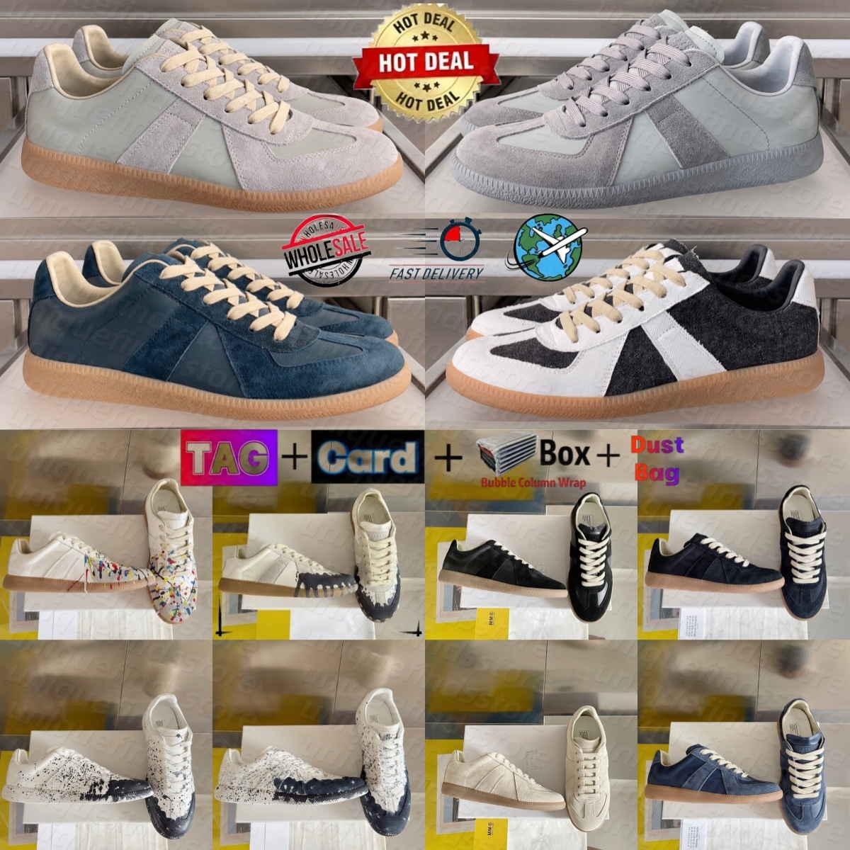 With Box gats mens shoess German Army Trainer designer gat sneakers maison shoes MM6 replicas paint painter splatters Grey White Black Nude Nutmeg size 35-46