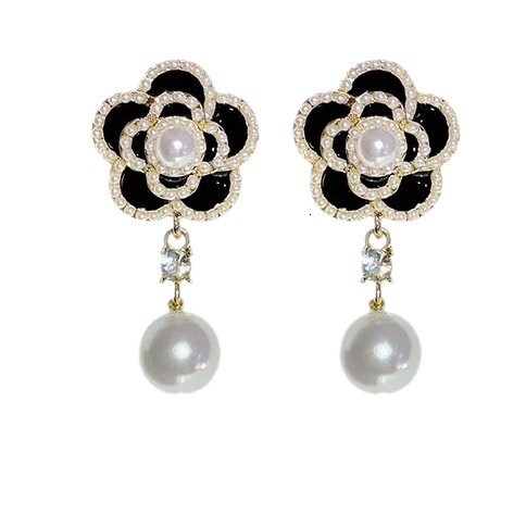 Luxury Brand Designer Jewelry New Korean Style Elegant Camellia Pearl Earrings For Women, High-End Fashion Versatile Floral Drop Earrings, -Inspired E