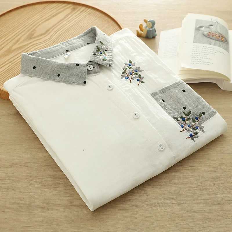 New 2025 Autumn Cotton Yarn Half Sleeve Shirt Women Turn-down Collar Embroidery Mori Girl Retro Casual Loose Blouse T56292CC C260326