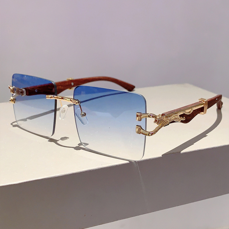 Luxury Brand Designer Sunglasses Aliexpress New Frameless Leopard Head Sunglasses For Men And Women Classic Retro Cheetah Imitation Wood Grain Temple 