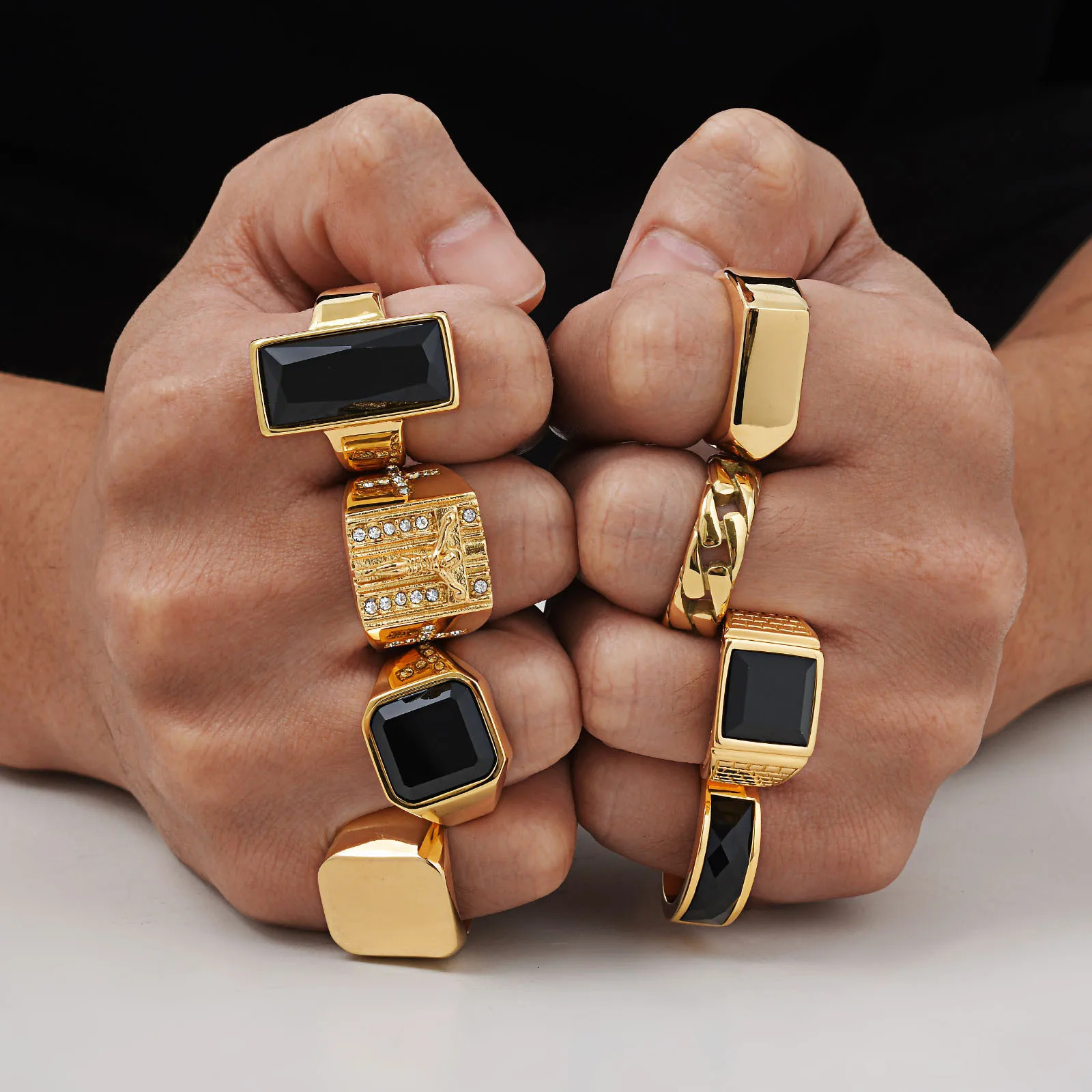 Punk Gold Plated Rings for MenBlack Geometric Square Stone Signet RingMale Chunky Thumb Ring 260423