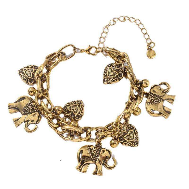 Tribal Jewelry Fashion Retro Carved Elephant Anklet, Heart-Shaped Bracelet, Alloy Anklet And Hand Jewelry