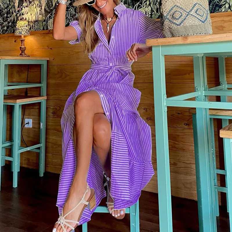 Women Blue Striped Maxi Dress Short Slve Lace Up Ruffles Hem Strtwear Boho Vacation Office Lady Dresses Summer Robes Vestido X260326