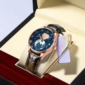 Waterproof Men's Wristwatch, Casual Quartz Watch with Luminous World Map Dial, Complete Calendar, 30 m Water Resistance, 41 mm Rose Gold-Tone Case, Br - view 3