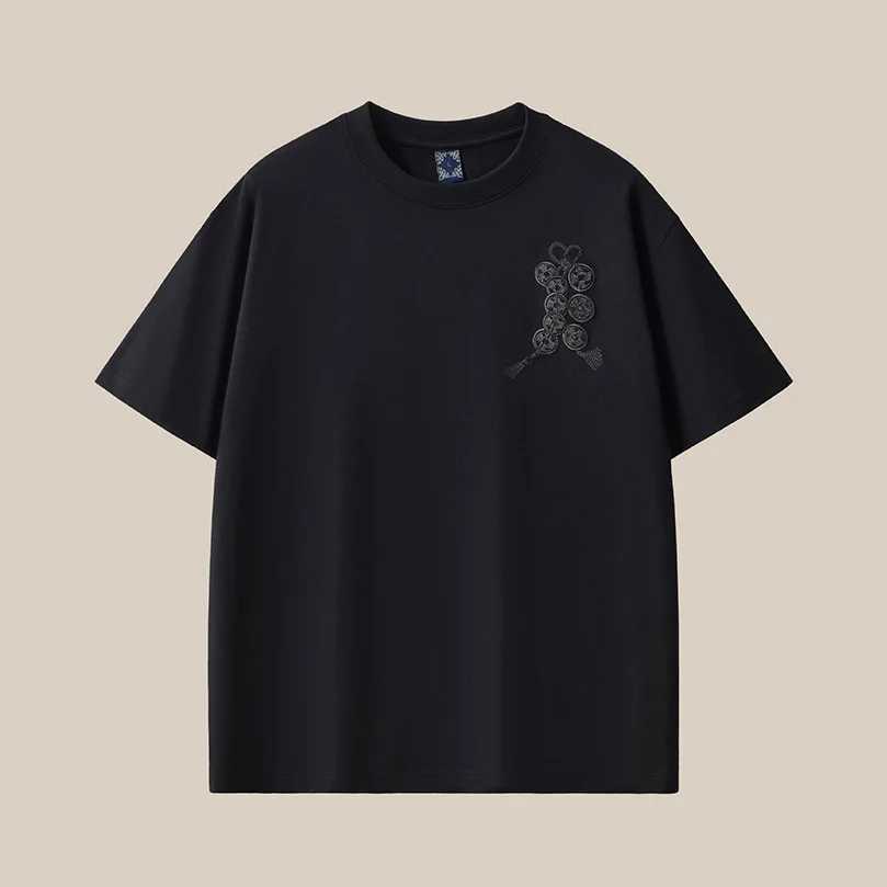 Heavyweight Combed Cotton Short-Sleeve Tshirt Men Crew Neck Drop Shoulder National Qilin Embroidery Plus-Size Half Sleeves D042 C260326