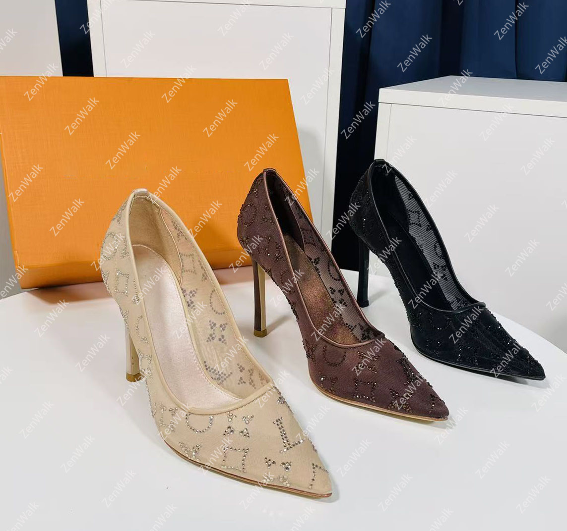 Designer Gala High heel sandals style fabric embroidered pointed-toe slip-on stiletto heels comfortable and casual high heels mesh and rhinestone embellished high