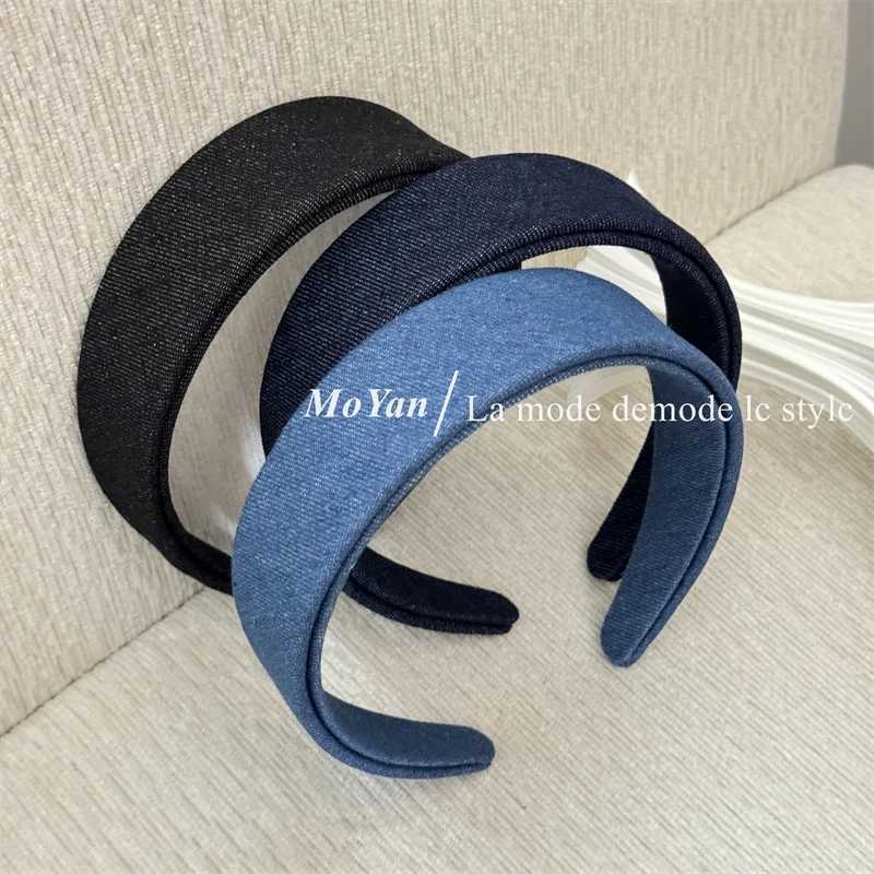 Korean solid color retro denim headband women wide hairband pressure clip latest design hairhoop D260326