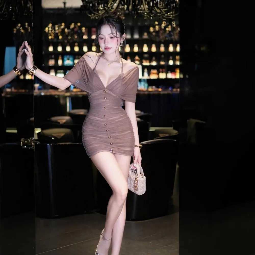 SylCue Sexy See Through Dress Women Halter Off Shoulder Metal Decoration Skinny Wrap Hip Evening Ruched Elegant Mini Bodycon M260326