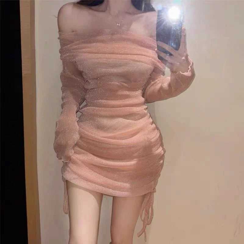 Sexy Strapless Mesh Women Mini Dress Fashion Off-shoulder Pleated Skinny Dress Party Club Slimming Covering Shiny Dress New M260326