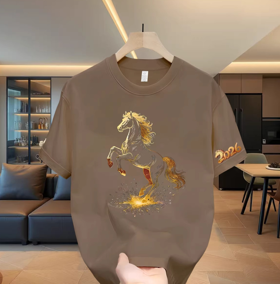 2026 Year of the Horse Viral Men's T-Shirts | Horse Graphic Crew Neck Oversized Casual 100% Cotton Summer Tops