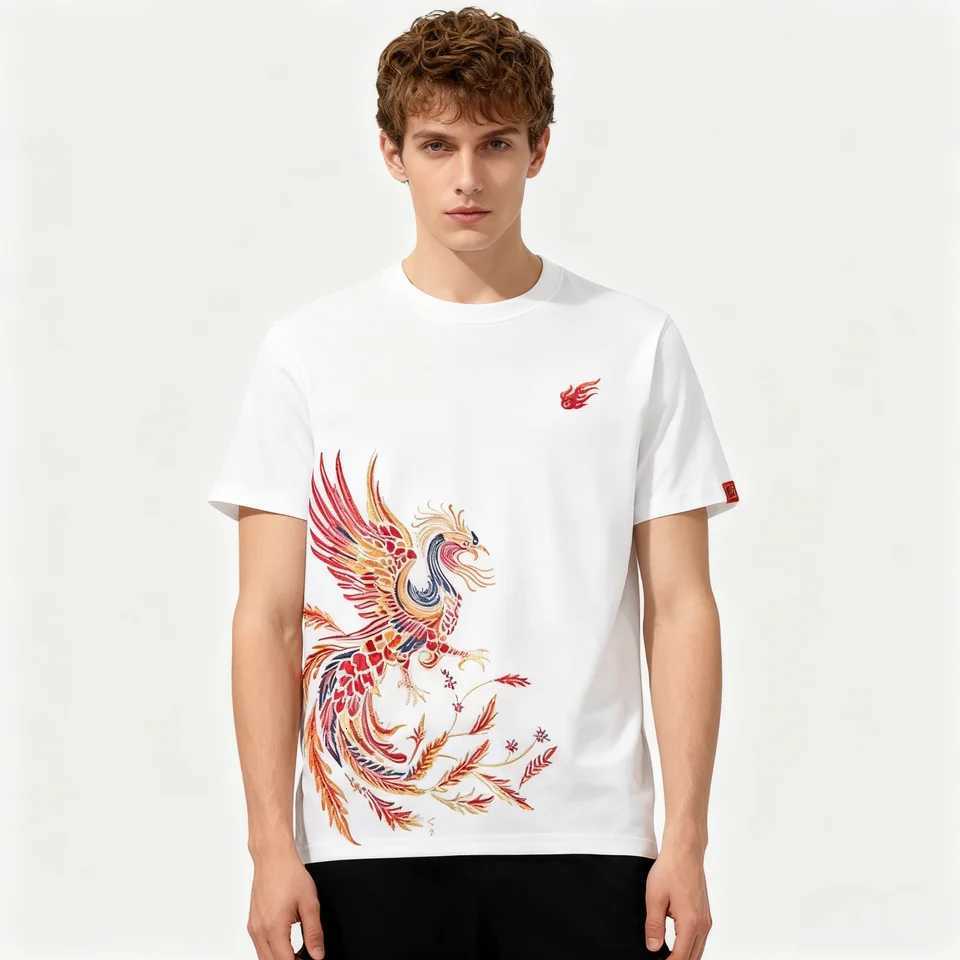 Phoenix Embroidery Tshirt Men Knit Cotton Luxury Hip Hop Heavy Summer Short Sleeve O neck Tee Top Punk Hiphop T Shirt C260326