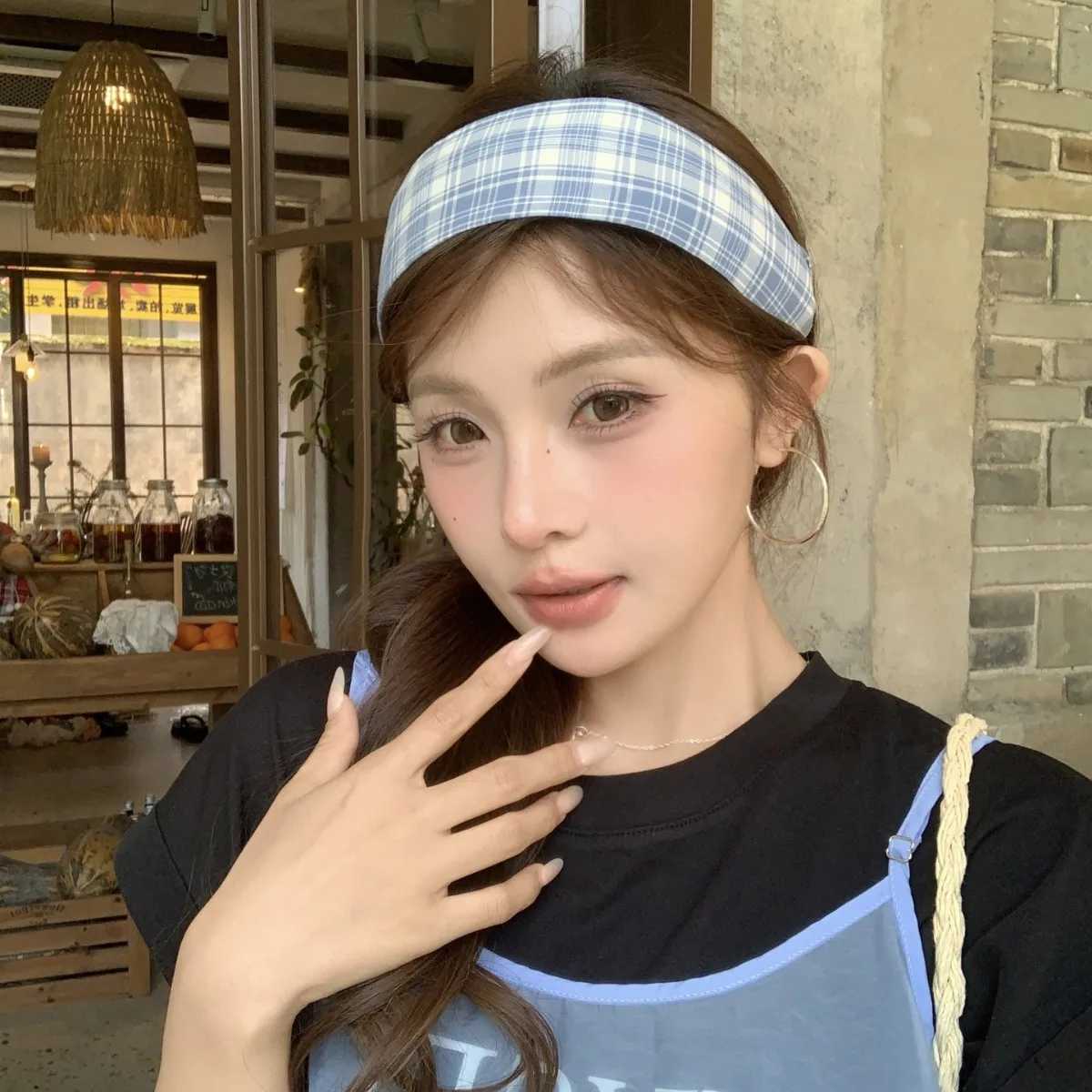 2025 Korea Cute Blue Plaid Hairbands Headband Women Children Girls Scrunchie Hair Head Hoop Bands Accessories Headdress Headwear D260326