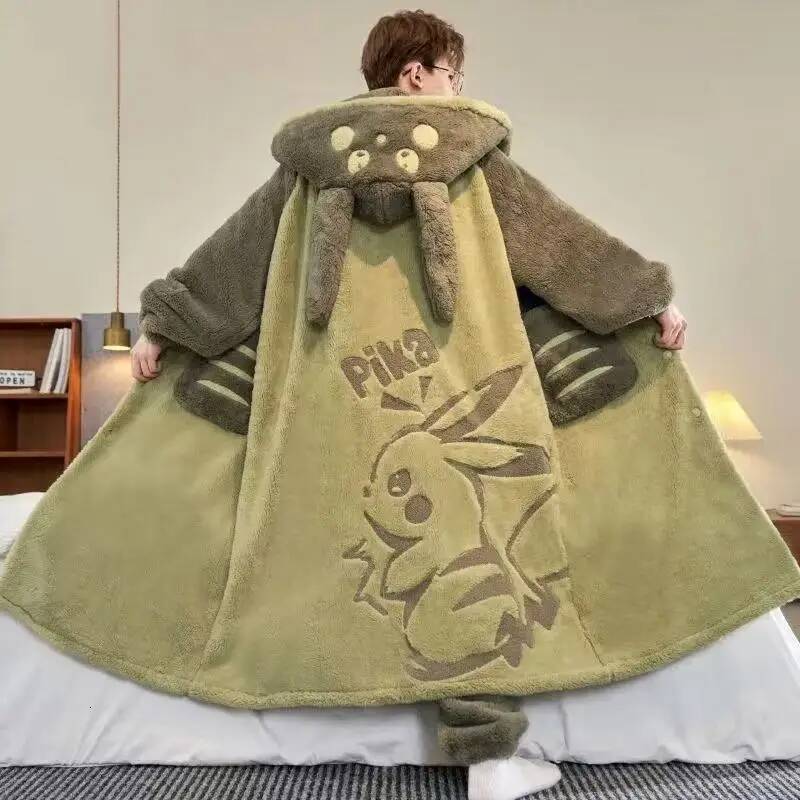 Gengar Winter Pajamas Suit Anime Pokemon Men Coral Fleece Nightgown Large Size Thicken Warm Cartoon Hooded Home Clothes Set Gift