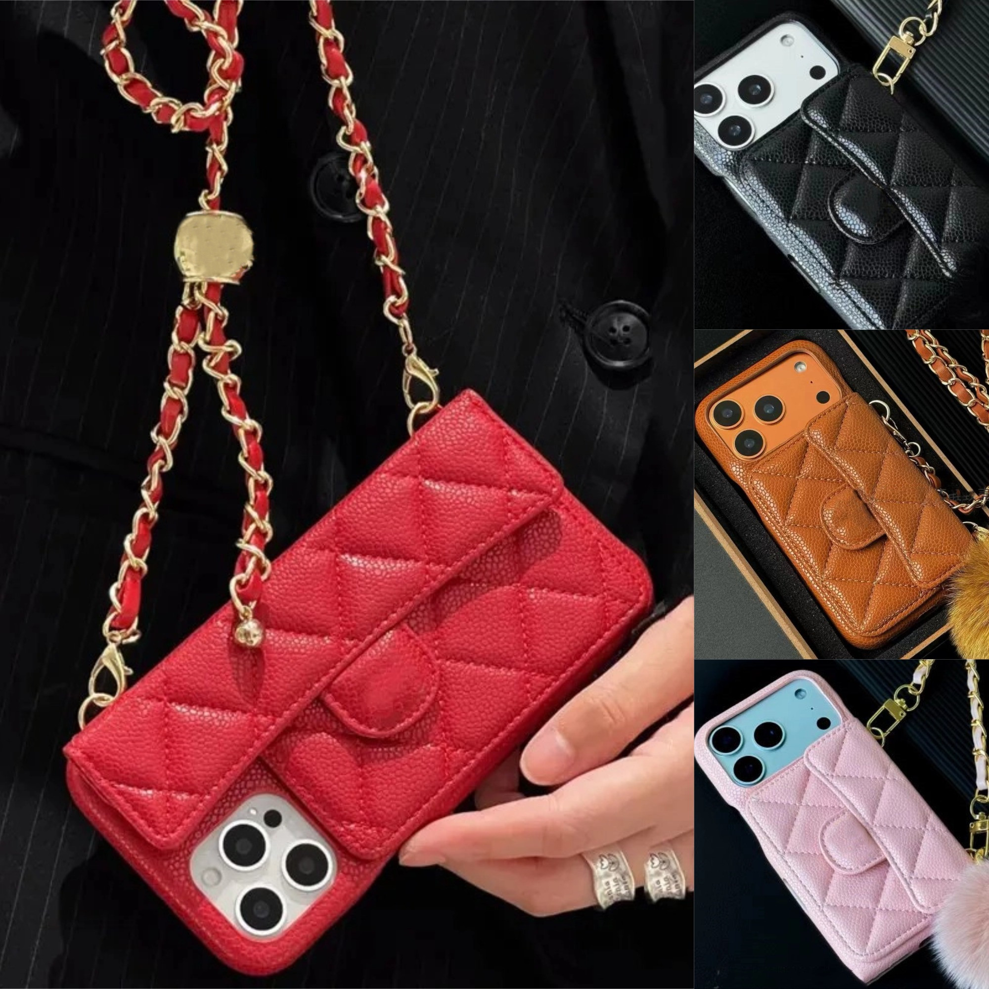 For iPhone 17 Pro Max Cases Women Crossbody Leather Phone Case Designer iPhone Case Apple iPhone 16 Pro Max 15 13 14 Plus Wallet Card Holder Cases Cover Shoulder Chain