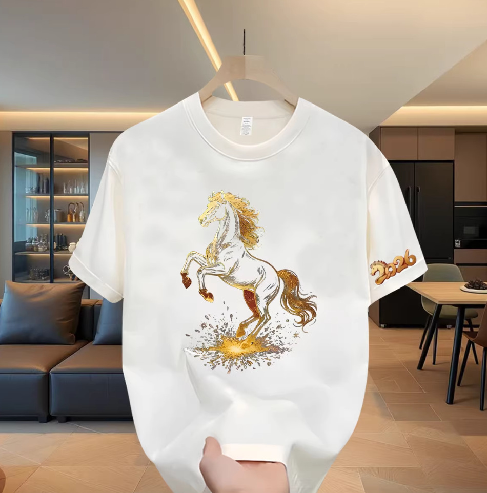 2026 Year of the Horse Viral Men's T-Shirts | Horse Graphic Crew Neck Oversized Casual 100% Cotton Summer Tops