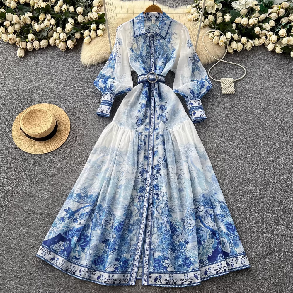 Chic Print Elegant Lantern Sleeve Single Breasted Dress A-line Casual Vacation Party Dress Women Fashion Autumn Spring Vestidos 240819