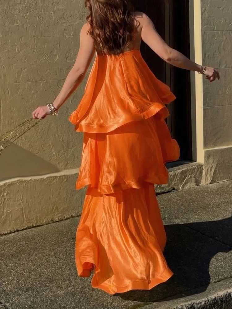 Elegant Womens Sleeveless Ruffles Party A-line Dress Summer Casual Loose Vacation Dress Sexy Solid Color Halter Cake Long Dress X260326