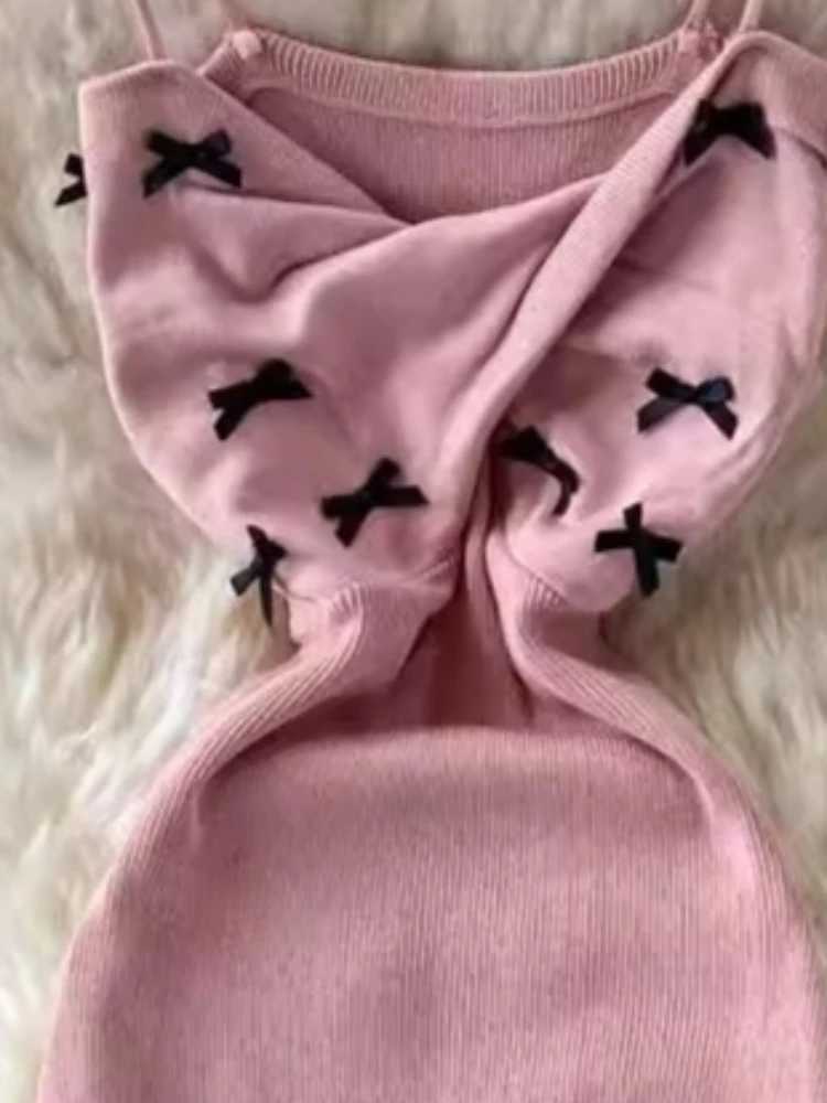 Womens Pink Spaghetti Strap Crisscross V-Neck Dress Star Embellished Stretchy Knit Bodycon Mini Dress Casual Summer Party Dress M260326