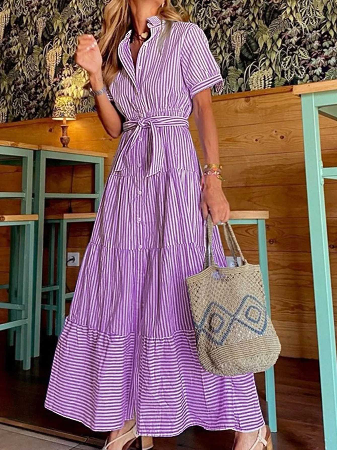 Women Blue Striped Maxi Dress Short Slve Lace Up Ruffles Hem Strtwear Boho Vacation Office Lady Dresses Summer Robes Vestido X260326