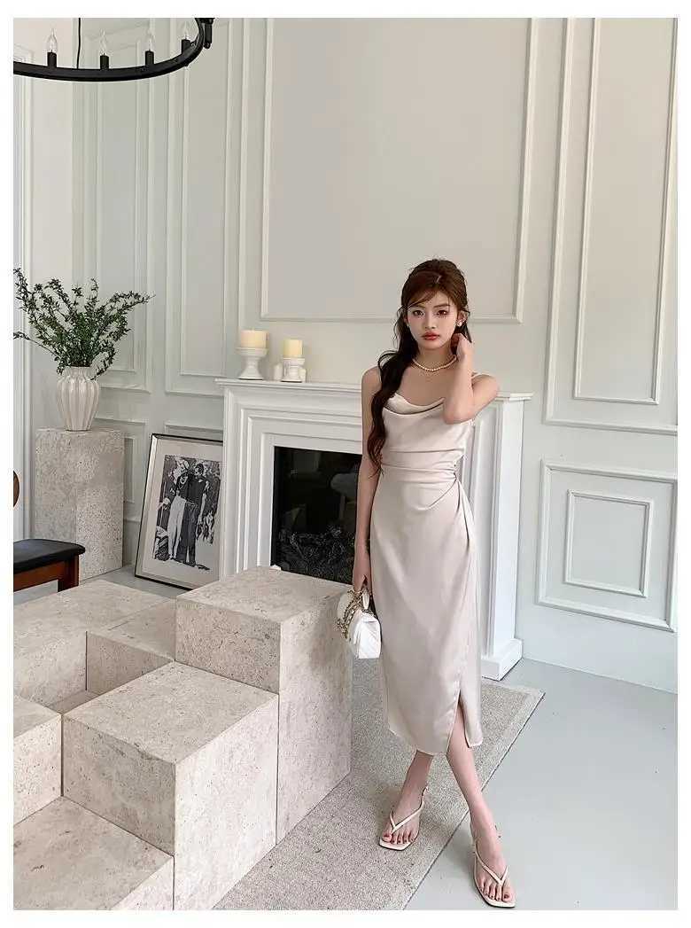 summer Europe and the United States aristocratic style texture satin pleated waist design solid color sexy slit slip dress M260326