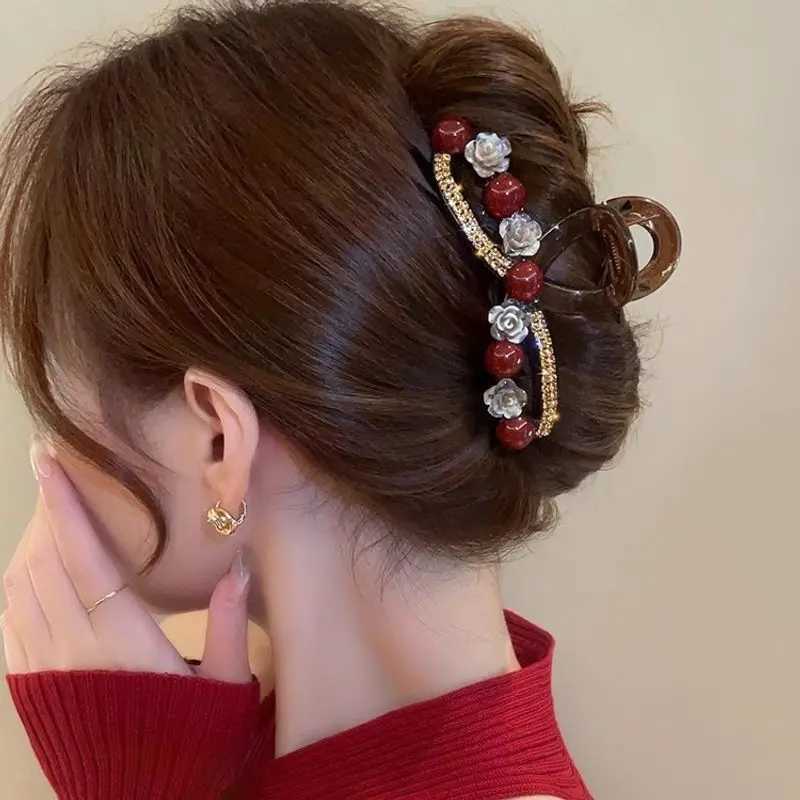 1pc Rose red pearl clip womens autumn and winter new fashion style back of the head plate hair clip hair accessory H260326