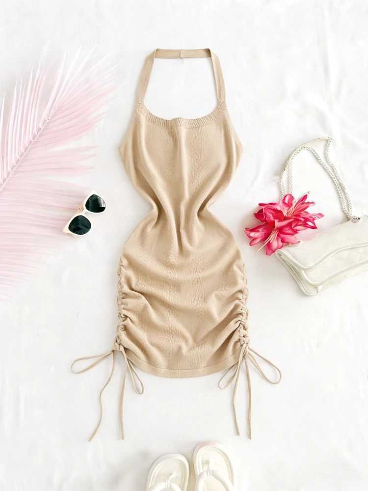 Womens Sexy Summer Light Blue Mini Dress Halter Neck Sleeveless Sundress Ruched Side Drawstring Elastic Ribbed Knit Party Dress M260326