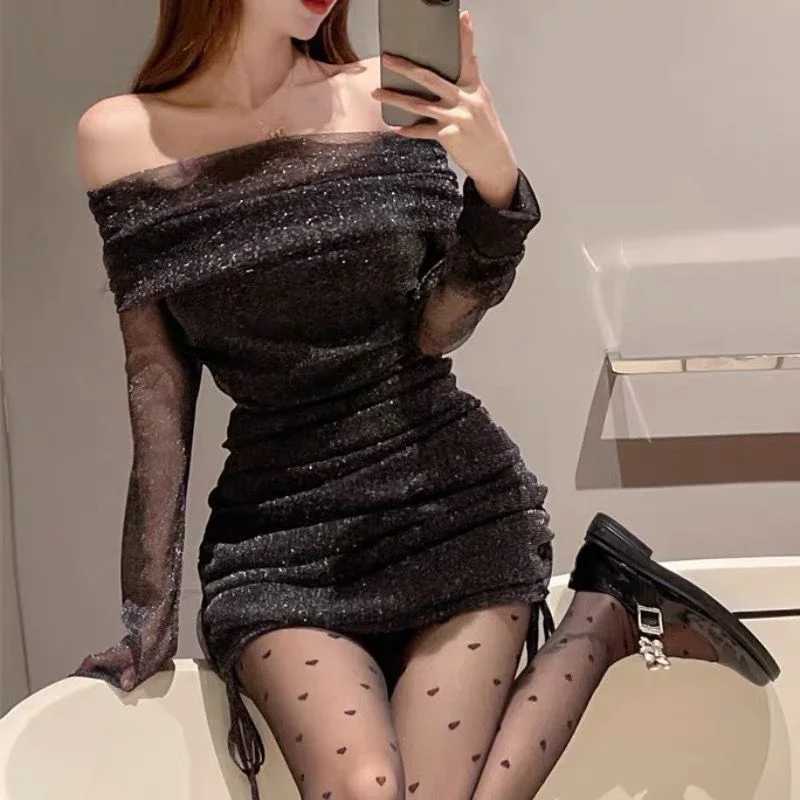 Sexy Strapless Mesh Women Mini Dress Fashion Off-shoulder Pleated Skinny Dress Party Club Slimming Covering Shiny Dress New M260326