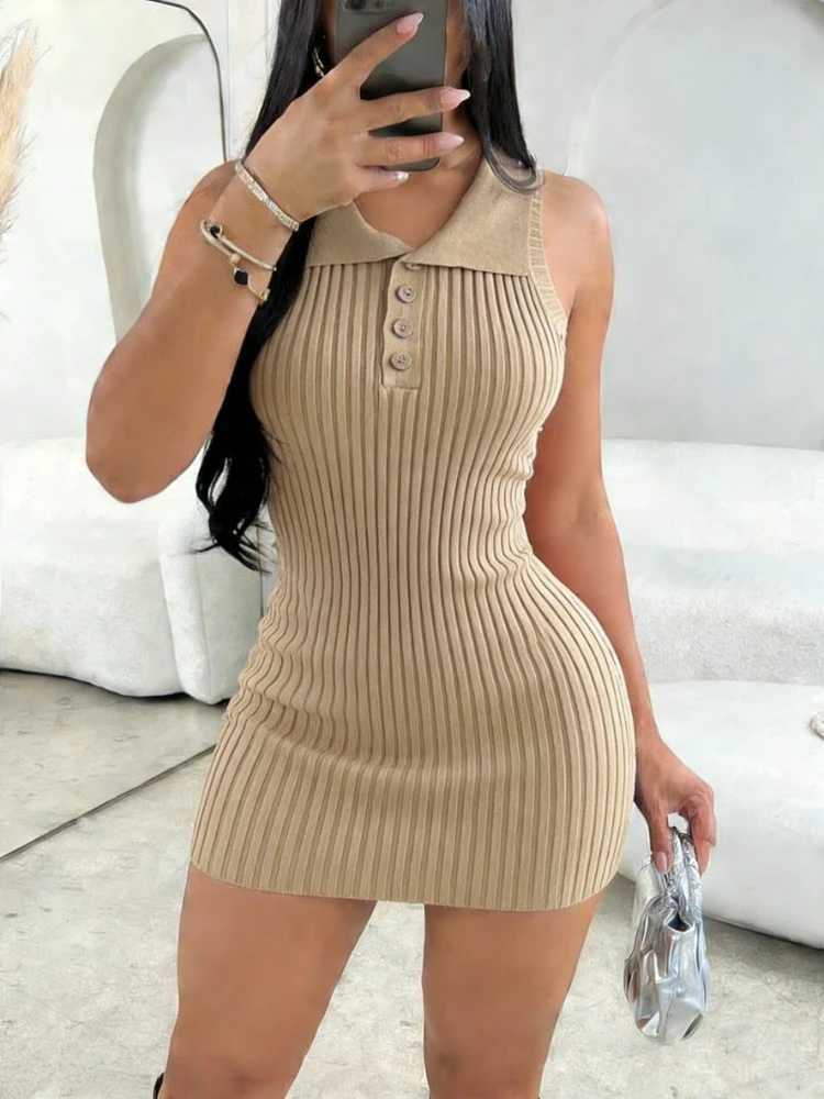 Womens Pink Halter NeCK Sleeveless Polo Collar Button Stretchy Ribbed Knit Bodycon Mini Dress Summer Party Short Dress M260326