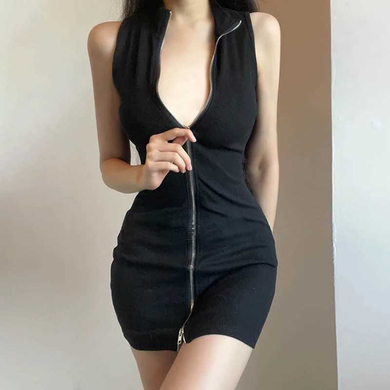 Sexy Stand Collar Zipper Wrapped Party Club Sheath Women Sleeveless Mini Dress M260326