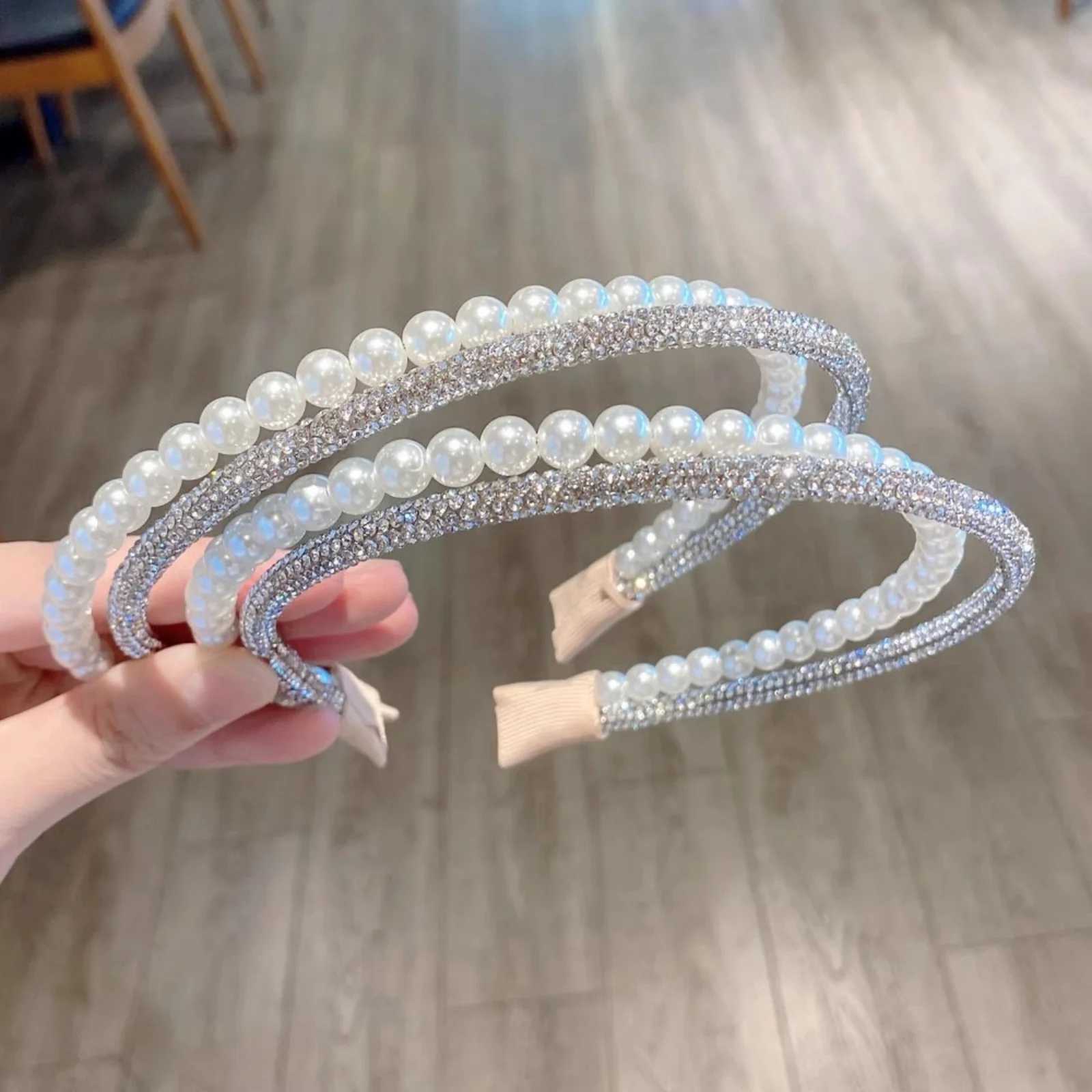 1PC Fashionable Double-Layer Imitation Pearl Rhinestone Hair Hoop for Women - High-End Rhinestone-Inlaid Versatile for Outing D260326
