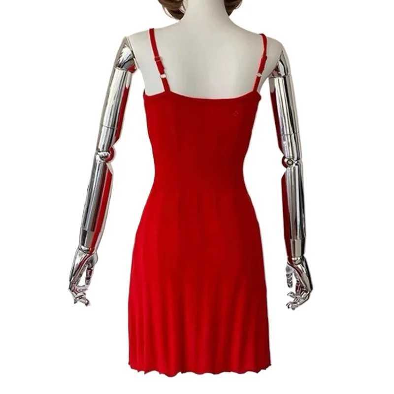 Womens Red Spaghetti Strap Short Sundress Flared Hem Stretchy Ribbed Knit A-Line Mini Dress Hollow Out Summer Vacation Dress M260326
