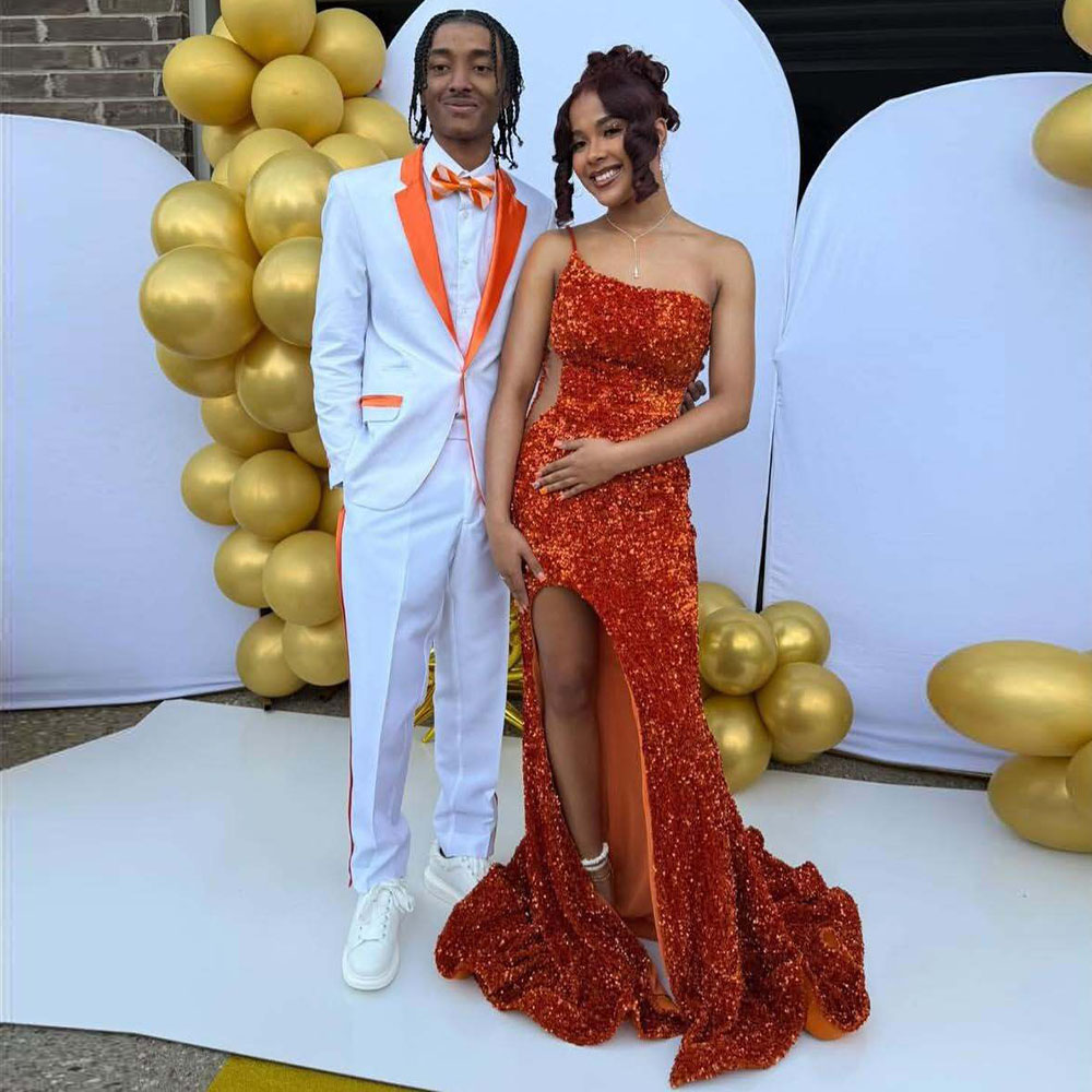 Bespoke Red Mermaid Prom Gown Sequined Sparkly Sexy Banquet Sexy Evening Formal Dress Slit One Shoulder Customized