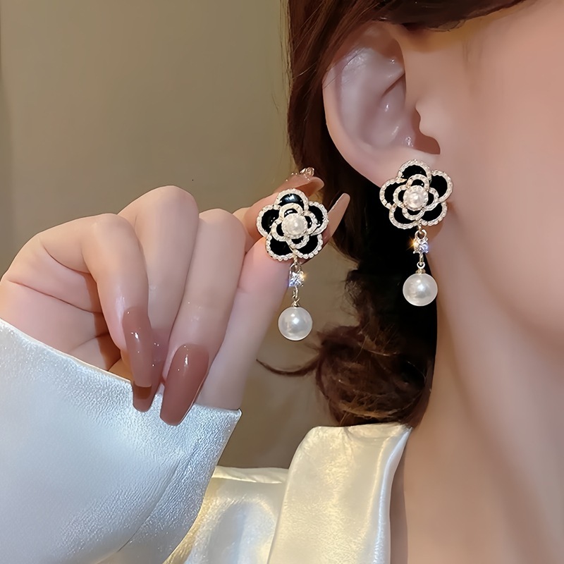 Luxury Brand Designer Jewelry New Korean Style Elegant Camellia Pearl Earrings For Women, High-End Fashion Versatile Floral Drop Earrings, -Inspired E